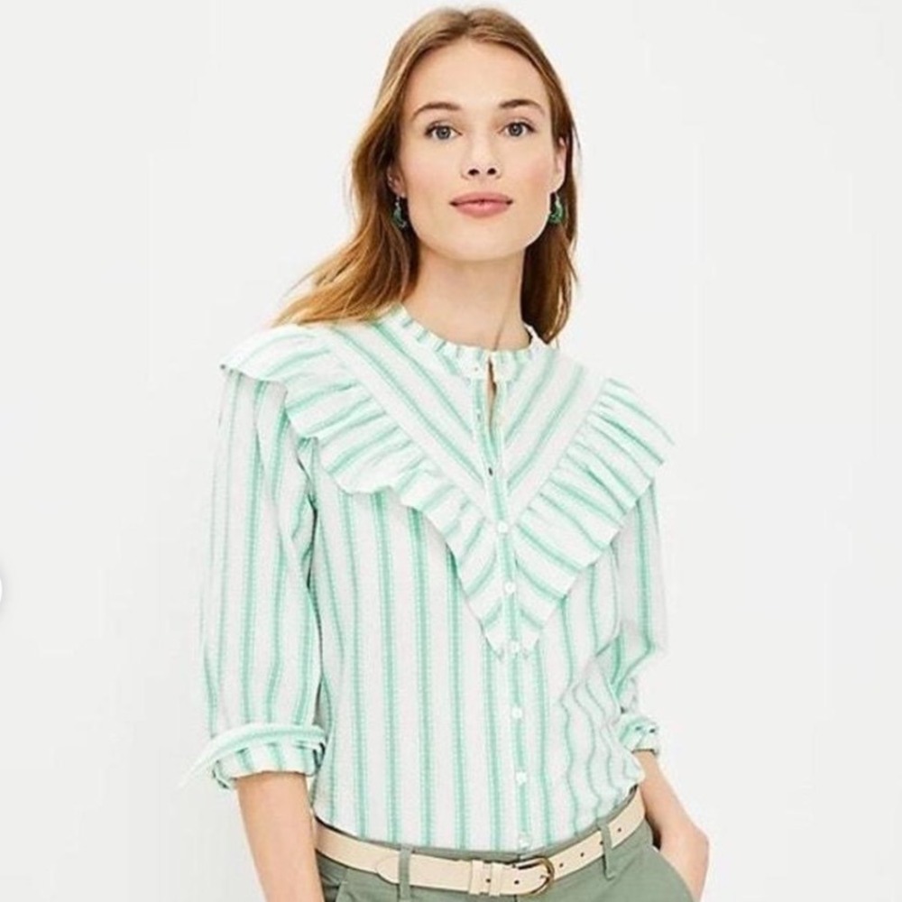 LOFT Blouse Medium Green White Striped Ruffle Yoke Dobby Cotton Preppy Feminine